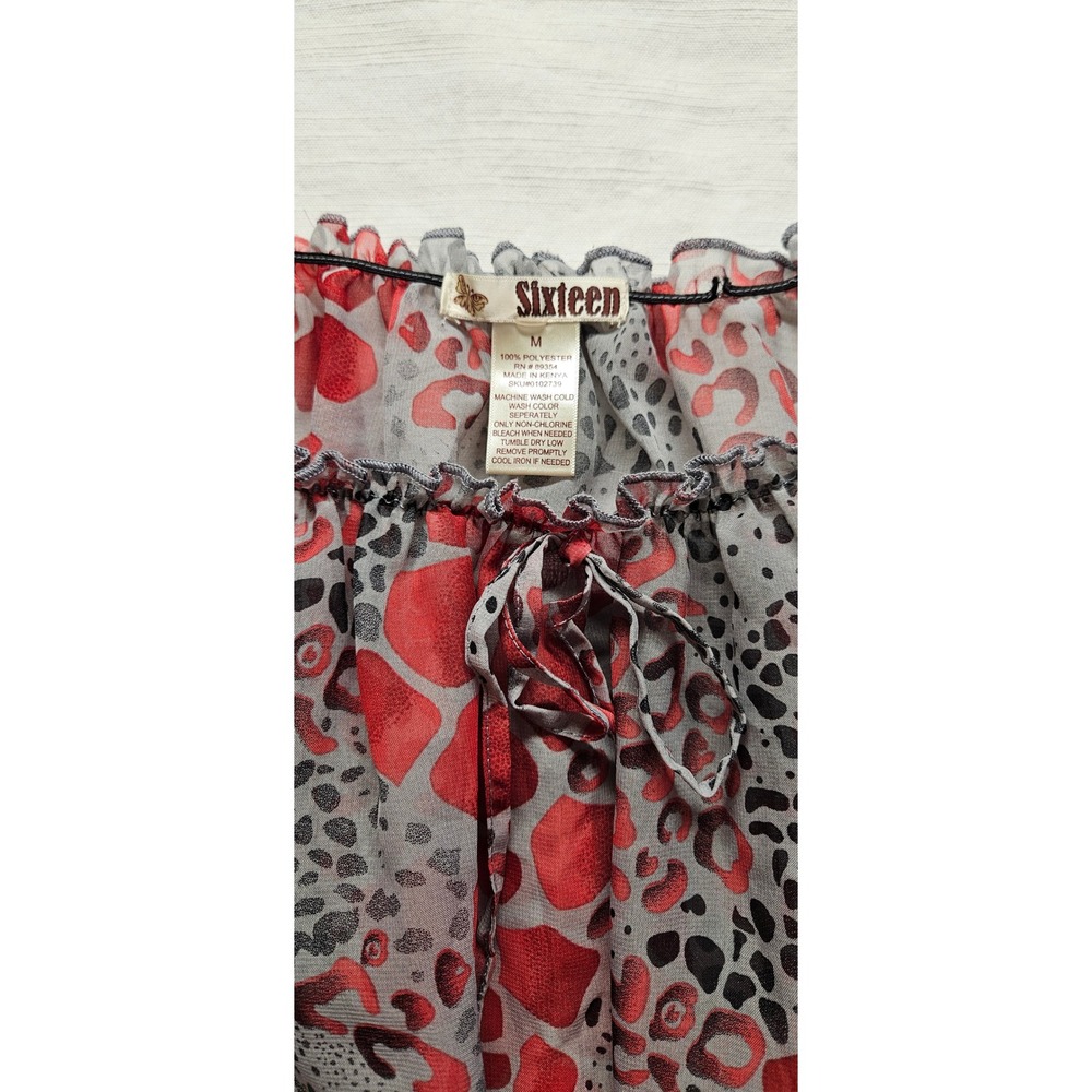 Sixteen Womens Red Grey Animal Print Smocked Hem Chiffon Blouse Medium - Picture 2 of 4